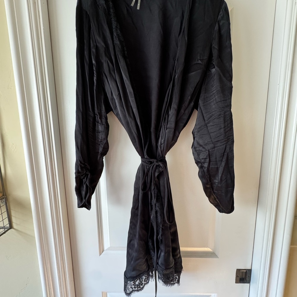 Anthropologie Black Satin Lace Robe